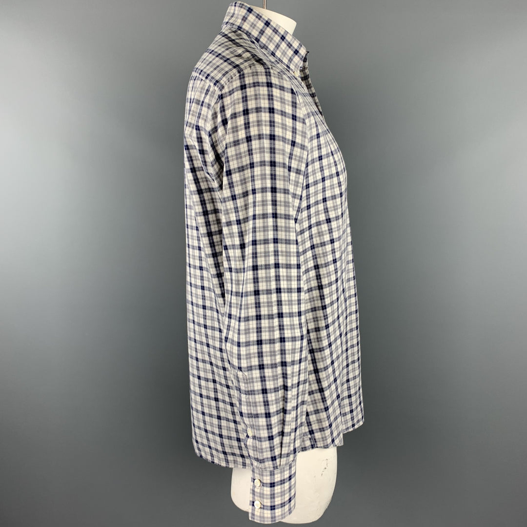 BRUNELLO CUCINELLI Size XXL Grey & Navy Plaid Cotton Long Sleeve Shirt