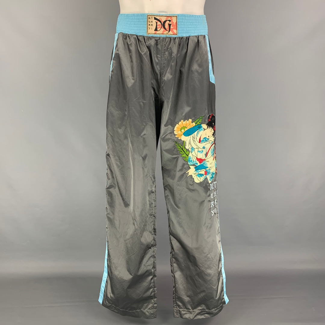 DOLCE &amp; GABBANA Taille L Gris Bleu Muay Thai Brodé Nylon Ceinture Élastique Pantalon Décontracté