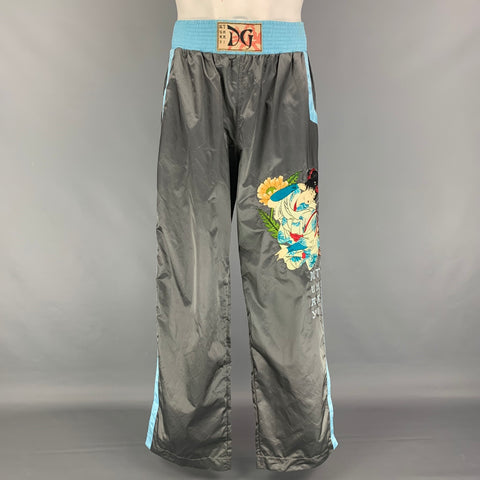 DOLCE & GABBANA Size L Grey Blue Muay Thai Embroidered Nylon Elastic Waistband Casual Pants
