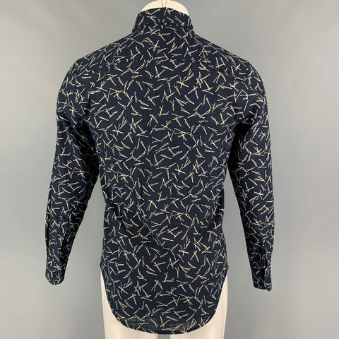 NAKED AND FAMOUS Size S Navy Cream Print Cotton Long Sleeve Shirt