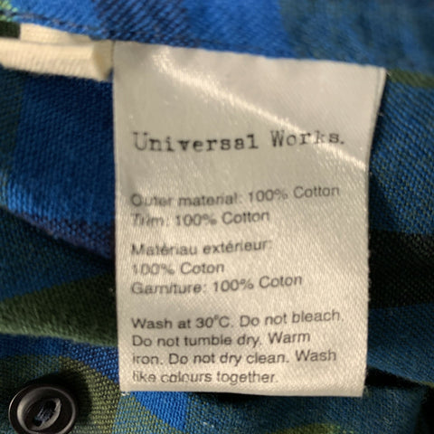 UNIVERSAL WORKS Size L Blue & Olive Plaid Cotton Collarless Long Sleeve Shirt