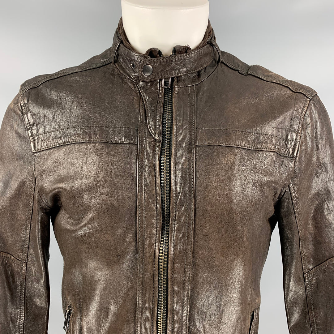ALLSAINTS Size S Brown Distressed Leather Zip Up Jacket