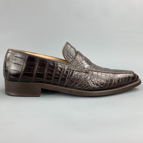 GRAVATI for WILKES BASHFORD Size 8.5 Brown Textured Crocodile Penny Loafers