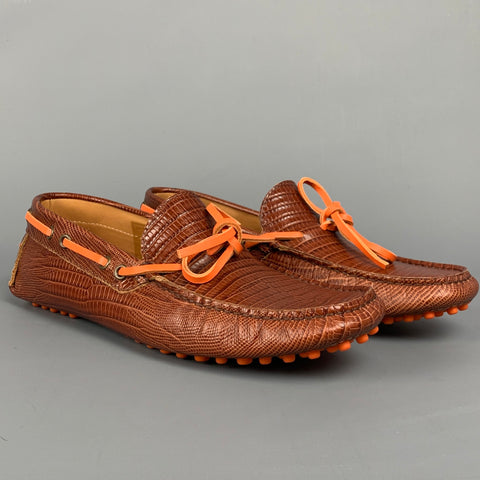 ETRO Size 8 Cognac Embossed Leather Drivers Loafers