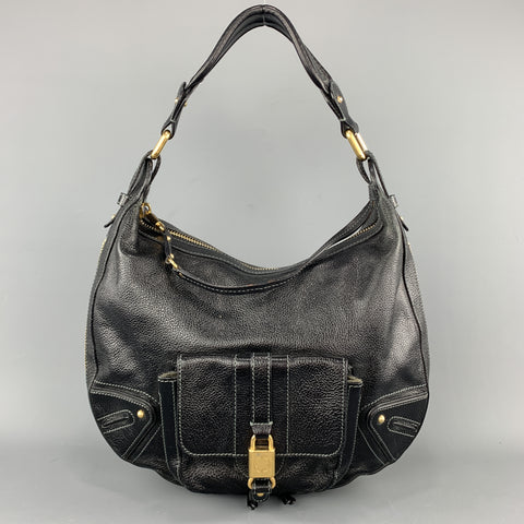 MARC JACOBS Black Leather Gold Tone Lock Zip Hobo Handbag