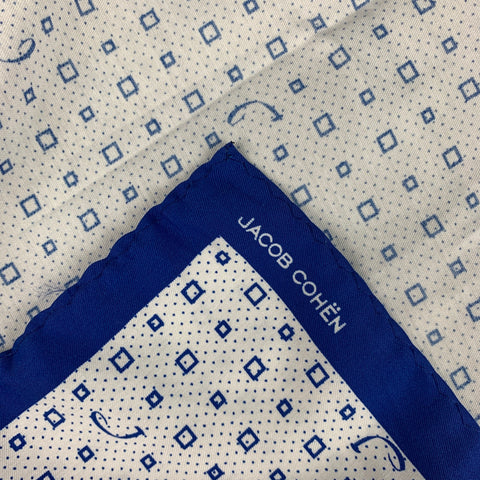 JACOB COHEN White Blue Print Cotton Silk Pocket Square