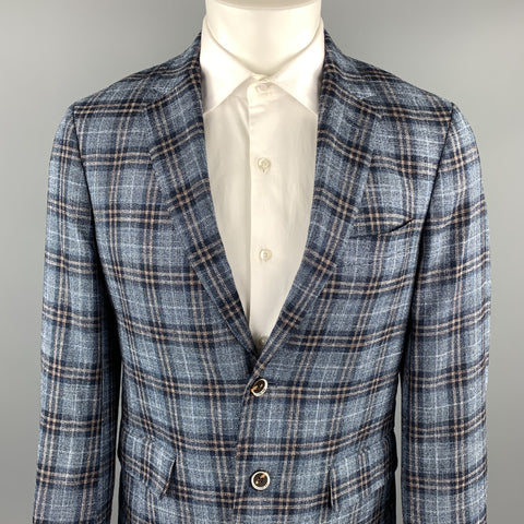 HASPEL Size 38 Navy Plaid Wool / Viscose Blend Notch Lapel Sport Coat