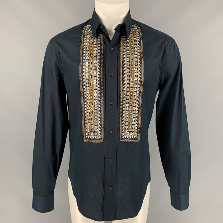JUST CAVALLI Size 40 Black & Silver Embroidery Cotton Long Sleeve Shirt