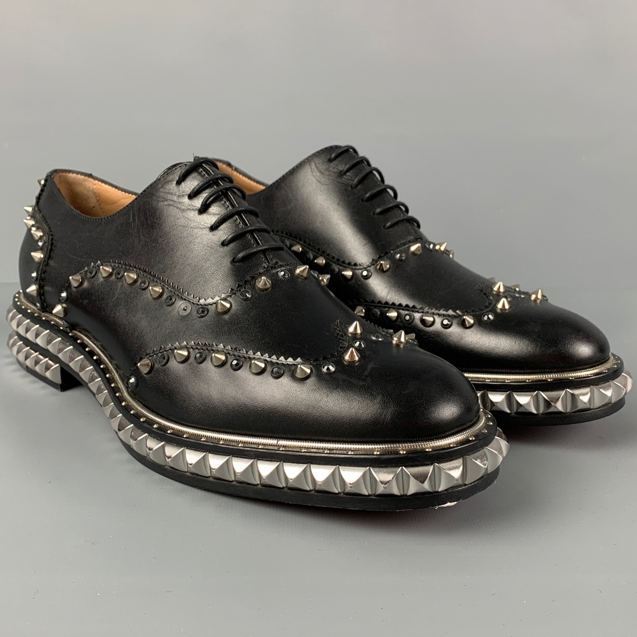 CHRISTIAN LOUBOUTIN Size 8 Black Studded Leather Wingtip Lace Up