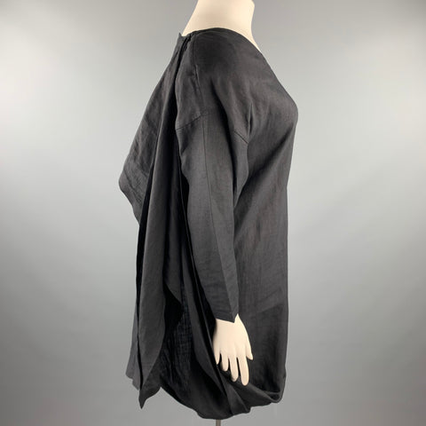 SHAMASK Size L Black Linen Long Panel V-Neck Dress