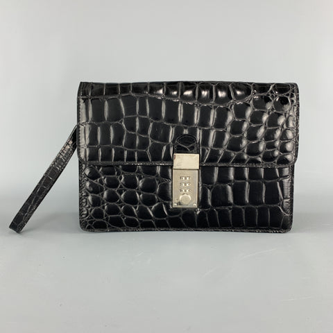 PRATESI Mini pochette en cuir noir brillant gaufré