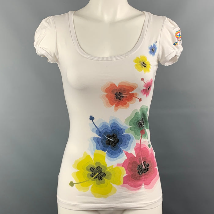 LOVE MOSCHINO Size 4 White Multicolor Cotton / Elastane Flower Rhinestones T-Shirt