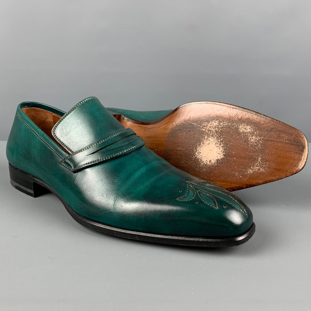 A. TESTONI Mocassins à enfiler en cuir antique vert taille 8,5