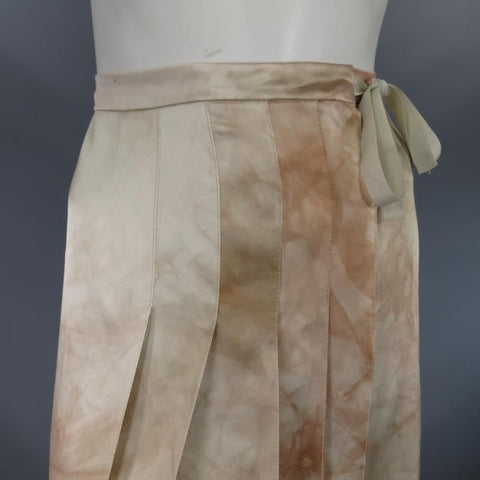 PRADA US 4 / IT 40 Beige & Blush Marbled Silk Satin Pleated Wrap Skirt