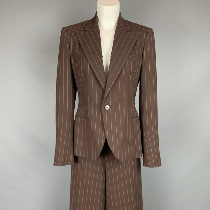 RALPH LAUREN Collection Taille 10 Costume pantalon large en laine vierge à fines rayures marron et crème