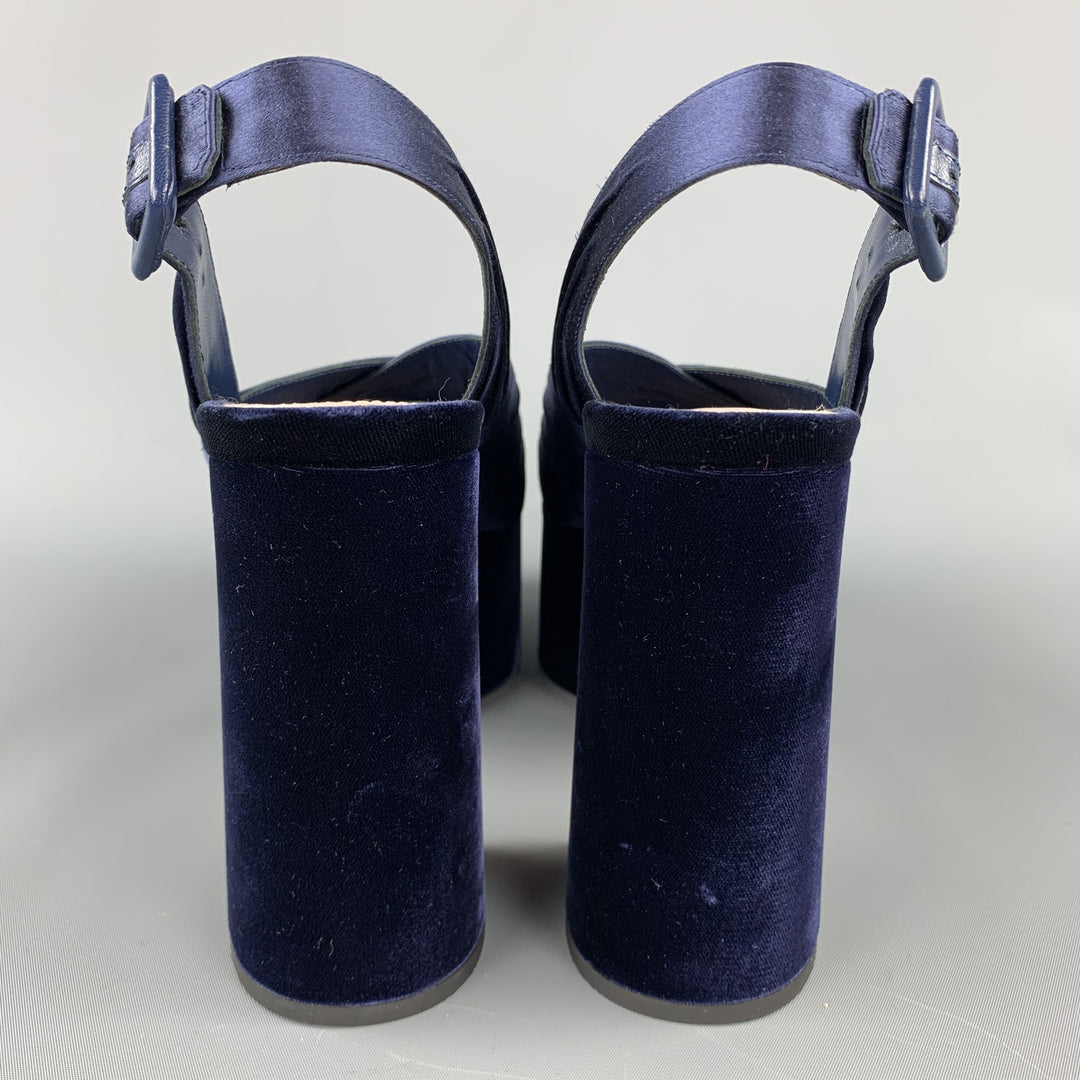 MIU MIU Size 8 Navy Velvet Chunky Heel Platform Sandals
