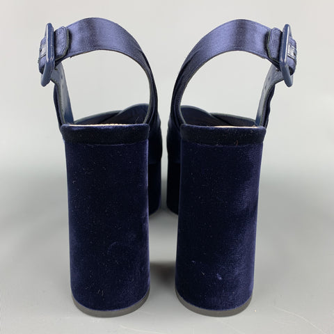 MIU MIU Sandales à plateforme en velours bleu marine à talons épais, taille 8