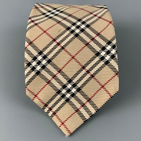 BURBERRY LONDON Beige Black & White Plaid Silk Tie