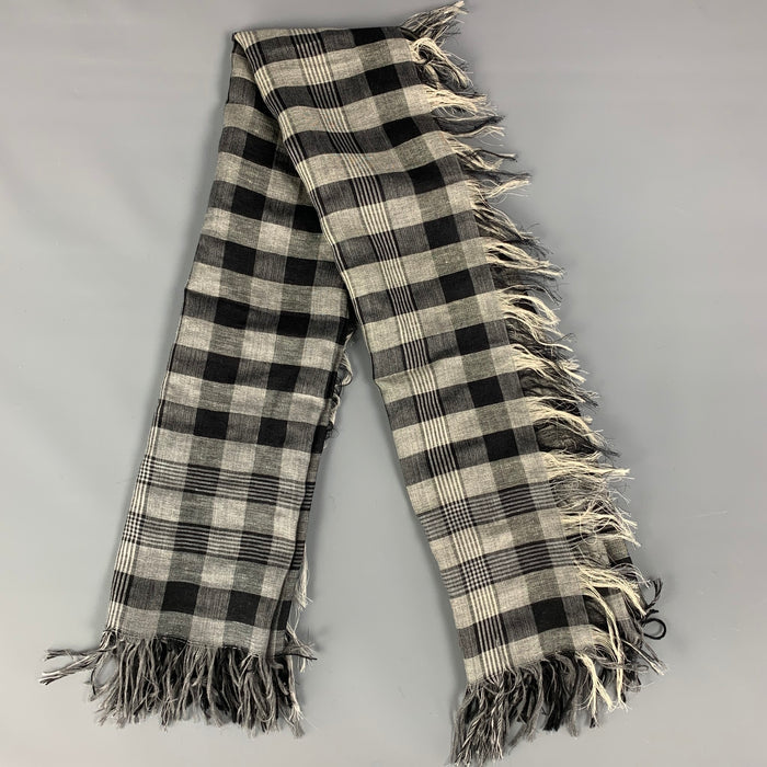 KRIS VAN ASSCHE Grey Black Checkered Cashmere Linen Scarf