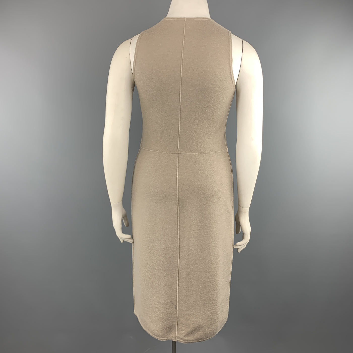 THE ROW Size L Taupe Virgin Wool Blend Knit Sleeveless Sheath Sweater Dress