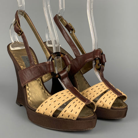 ALBERTA FERRETTI Talla 6.5 Sandalias de cuña de cuero de seda marrón y beige