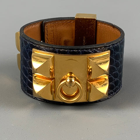 HERMES Blue Gold Pleated Alligator Collier de Chien Bracelet