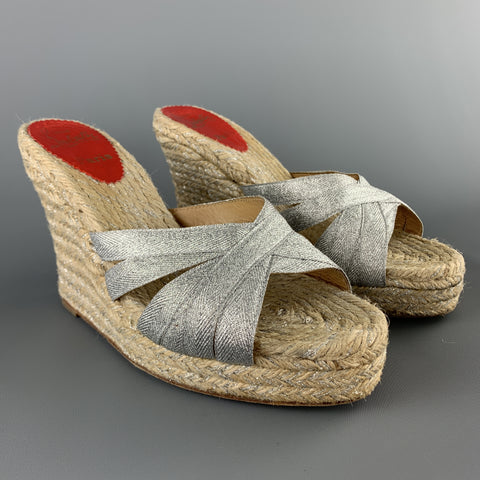 CHRISTIAN LOUBOUTIN Size 9 Metallic Silver Fabric Espadrille Wedge Mules