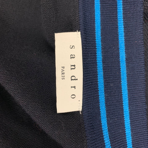 SANDRO Size L Navy Black Striped Trim Lana Wool Buttoned Cardigan