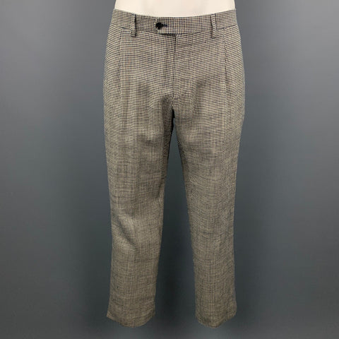 LARDINI Size 42 Regular Black & Beige Houndstooth Silk / Linen Double Breasted Suit