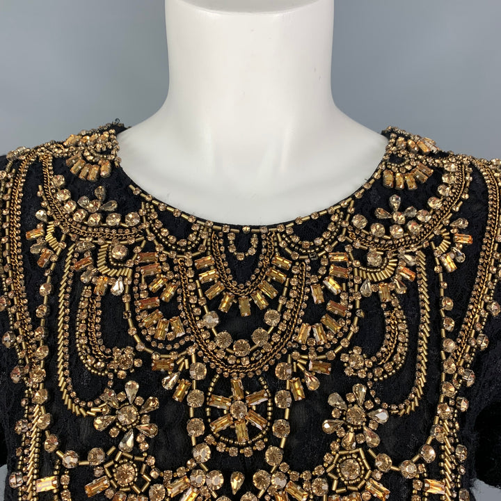 BADGLEY MISCHKA COUTURE Size XS Black & Gold Rhinestones Short Sleeve Dress Top