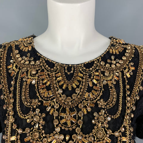 BADGLEY MISCHKA COUTURE Talla XS Top de vestido de manga corta con pedrería negra y dorada