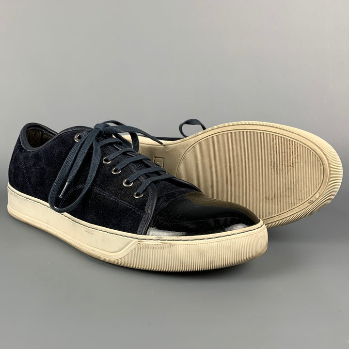 LANVIN Size 12 Navy & White Leather Lace Up Sneakers