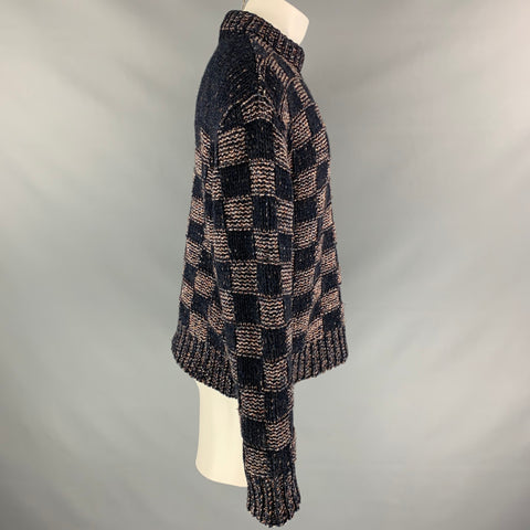 MARNI Size XS Navy & Brick Knitted Checkered Wool Crew-Neck Sweater