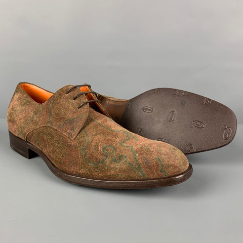 ETRO Size 8 Brown Burgundy Green Paisley Suede Lace Up Shoes