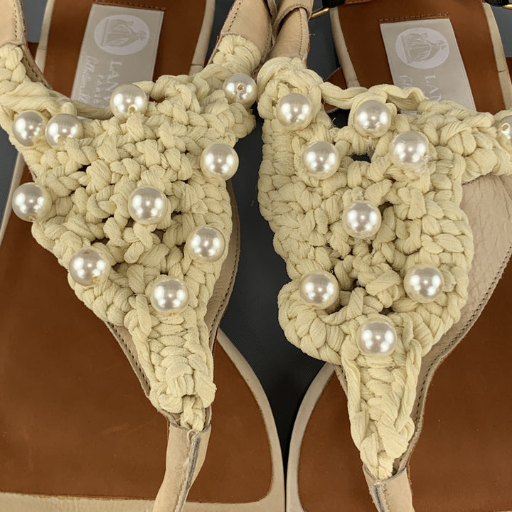 LANVIN Talla 10 Sandalias de tiras de crochet con perlas sintéticas de cuero beige