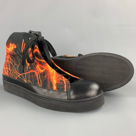 ISSEY MIYAKE Size 11 Black & Orange Print Canvas High Top Sneakers