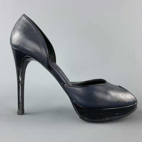 RALPH LAUREN Talla 7 Zapatos de tacón peep toe de cuero azul marino y negro