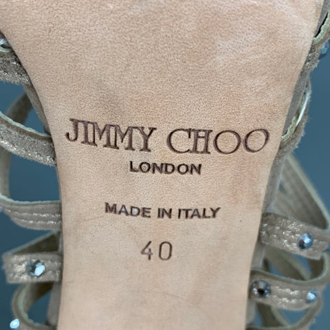 JIMMY CHOO Talla 10 Sandalias tobilleras con pedrería de ante dorado beige