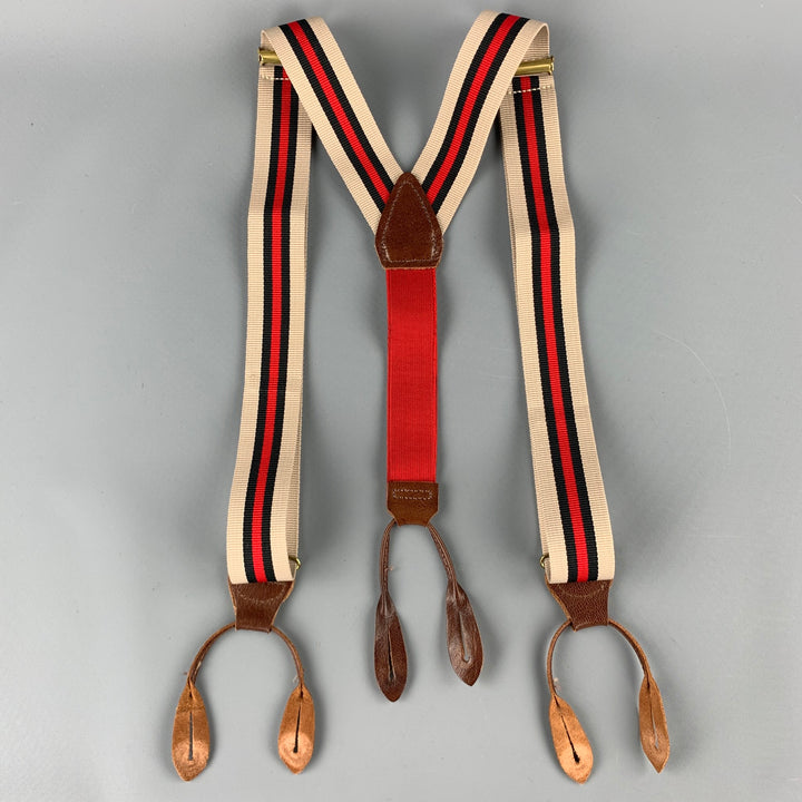 BILL BLASS Stripe Taupe & Red Leather Trim Elastic Suspenders