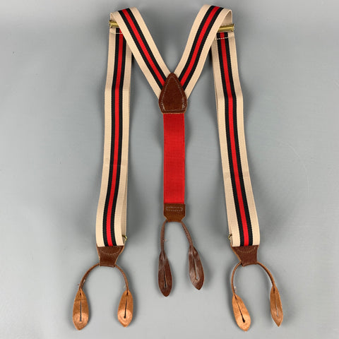 BILL BLASS Stripe Taupe & Red Leather Trim Elastic Suspenders