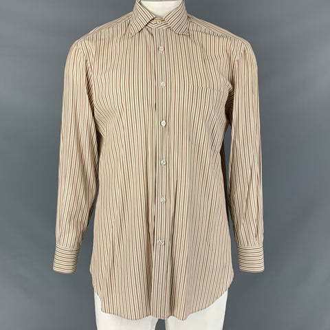KITON Size L White, Brown & Green Stripe Cotton Button Down Long Sleeve Shirt