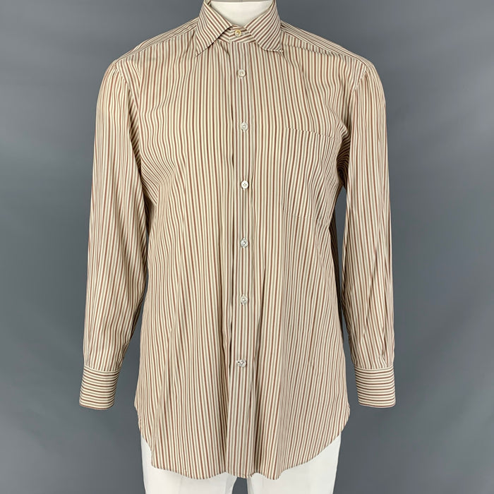 KITON Size L White, Brown & Green Stripe Cotton Button Down Long Sleeve Shirt