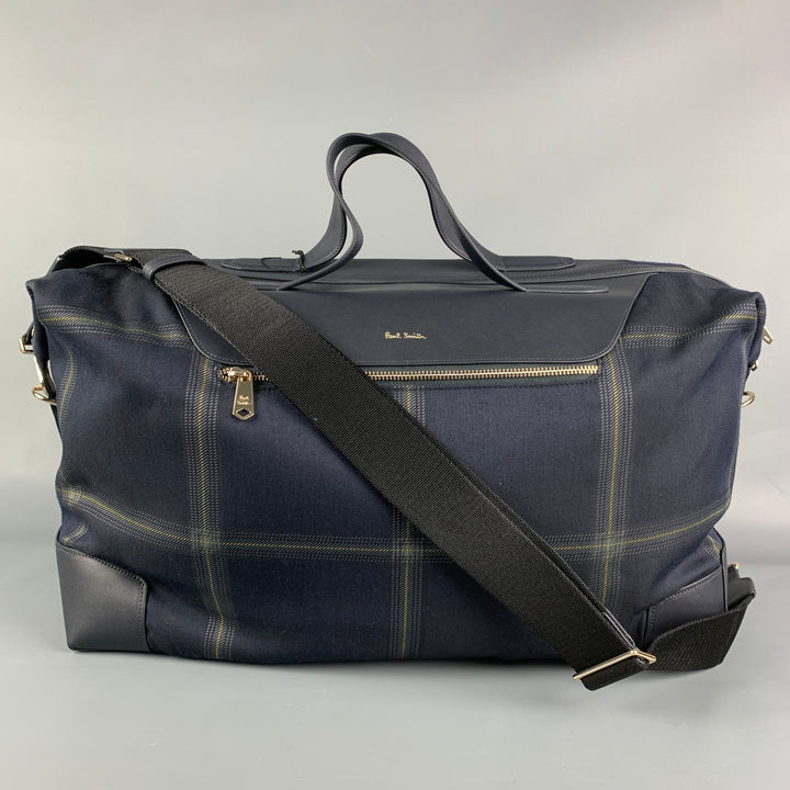 PAUL SMITH Navy Gold Plaid Leather Trim Canvas Weekender Bag