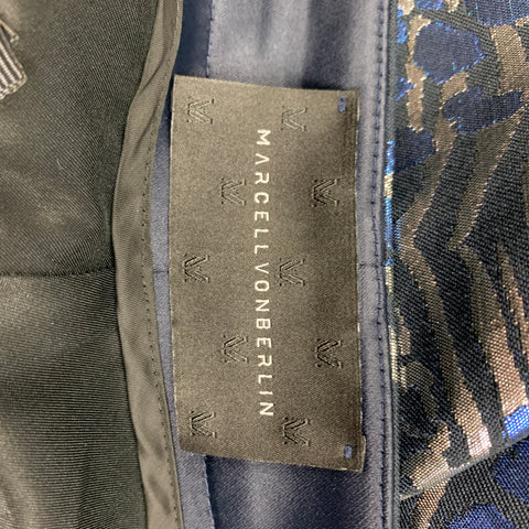 MARCELL VON BERLIN Size 34 Black Silver Blue Jacquard Metallic Zip Fly Dress Pants