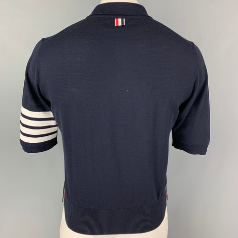 THOM BROWNE Size L Navy White Stripe Wool Buttoned Polo