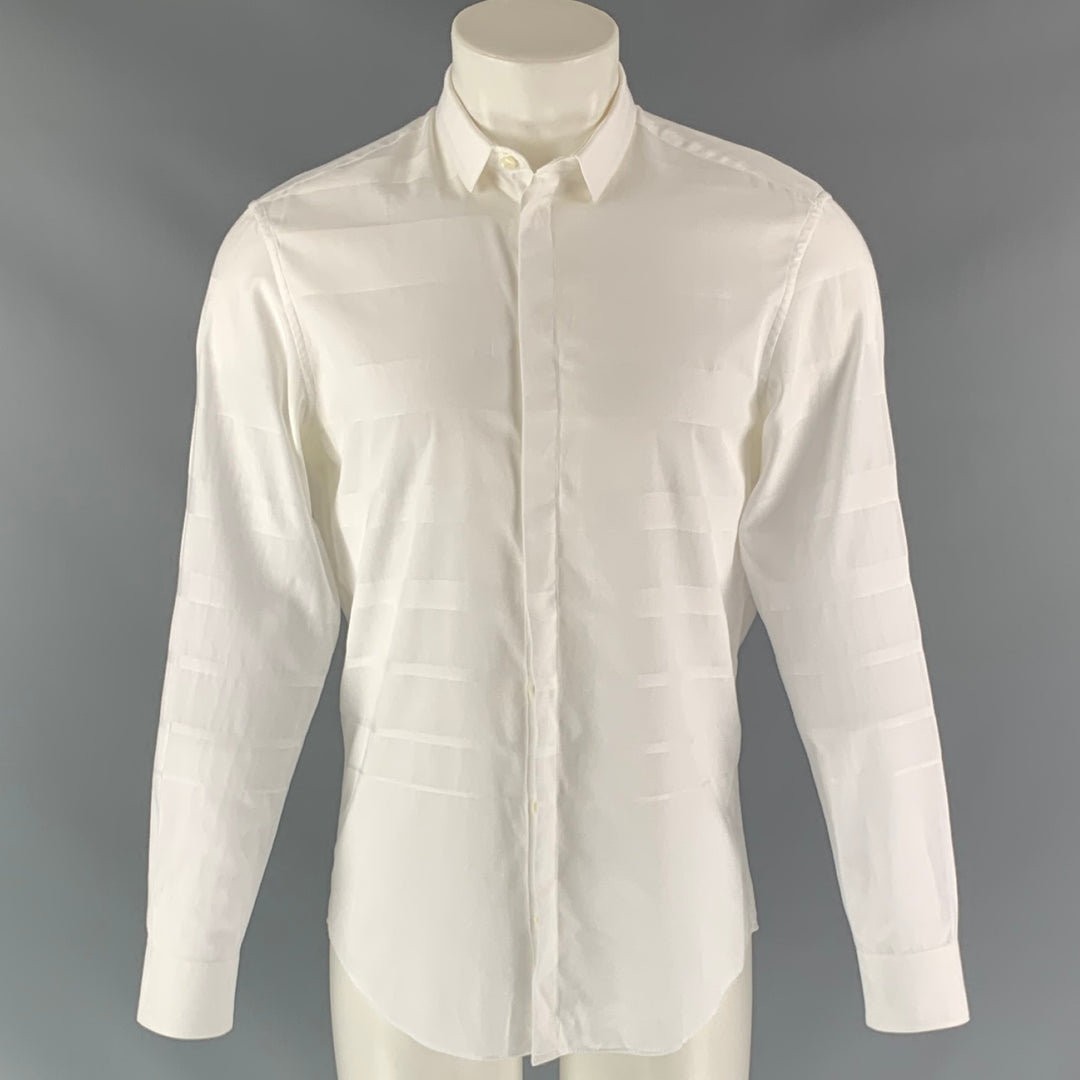 EMPORIO ARMANI Taille M Chemise à manches longues en coton à rayures blanches sur blanc