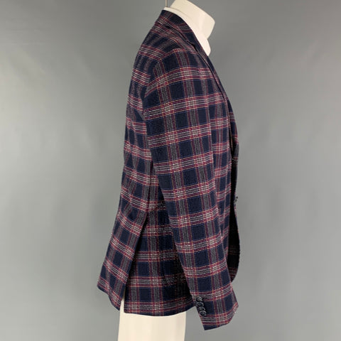ETRO Size 40 Navy Multi-Color Plaid Cotton Elastane Sport Coat