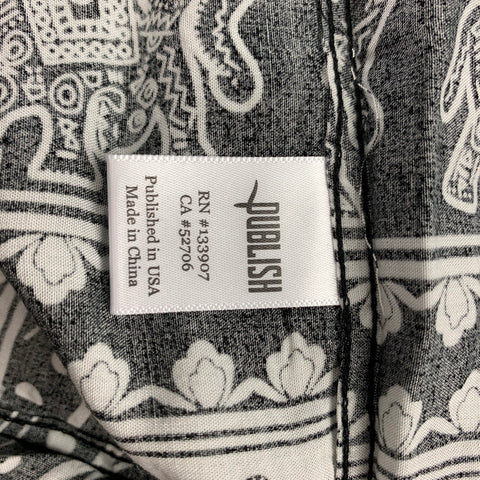 PUBLISH Size M Black & White Elephant Print Rayon Camp Short Sleeve Shirt