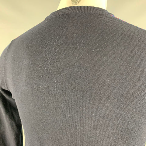 PRADA Taille S Marine Rouge Tissus Mélangés Laine Vierge Polyester Pull à Col Rond