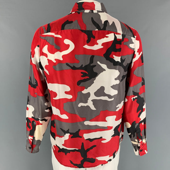 SUPREME SS 19 Collection Size M Red Grey Camouflage Silk Button Up Long Sleeve Shirt